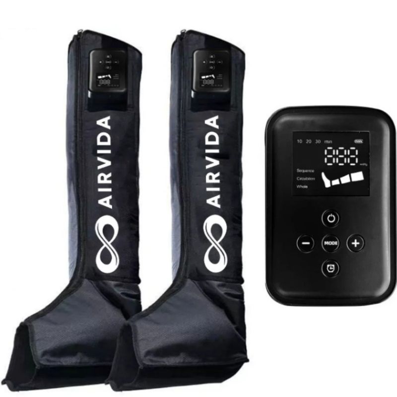 Air compression leg sleeves with control device on a white background, featuring the AIRVIDA brand.