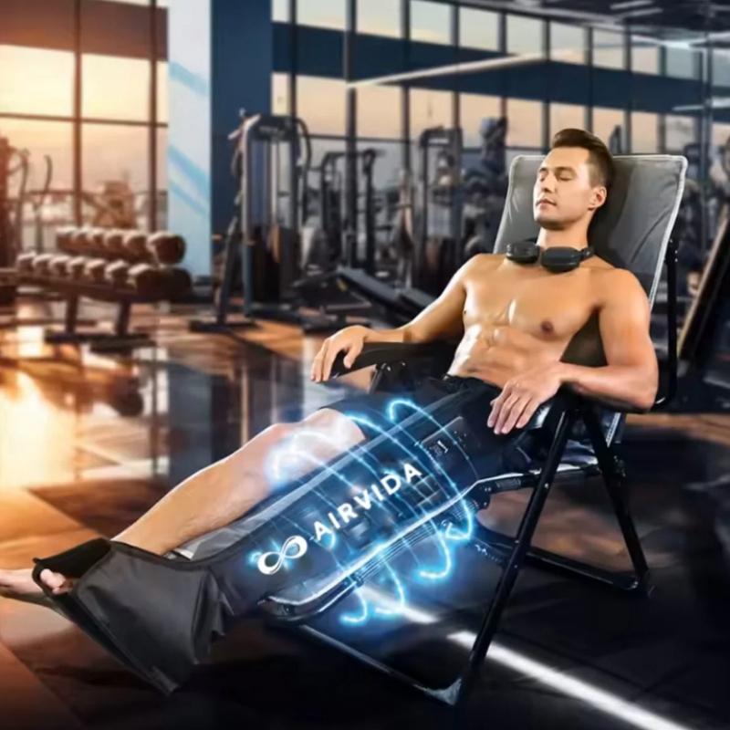 Man using an AIRVIDA massage chair in a gym setting