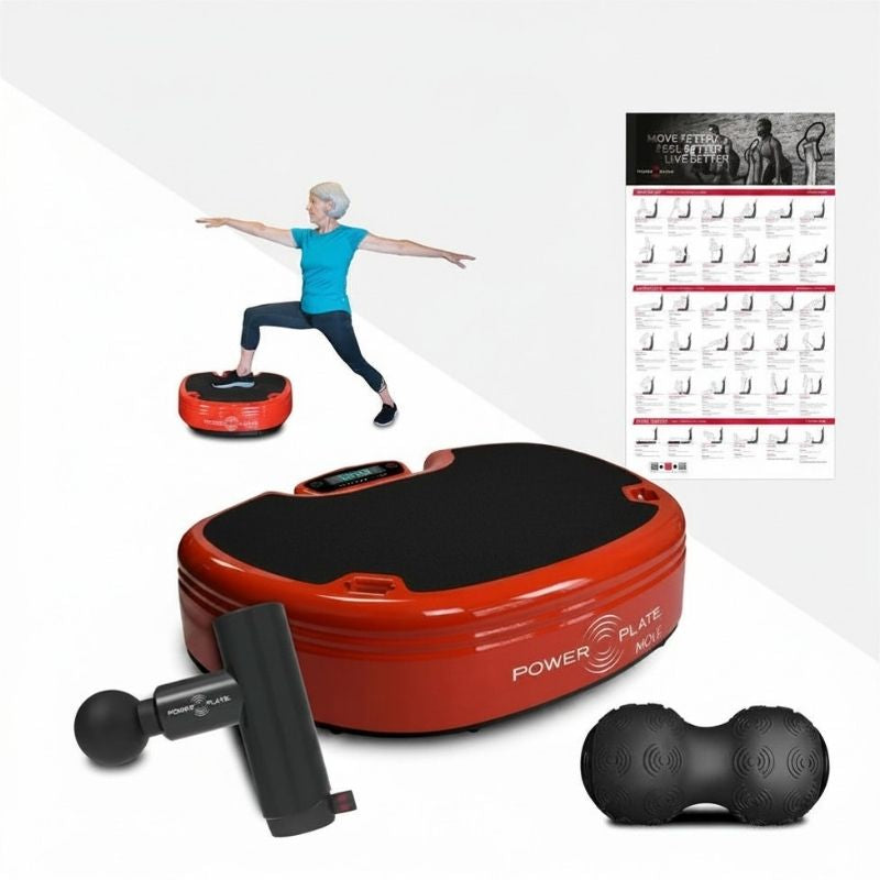 Red Power Plate exercise device with accessories and a woman using it on a white background.