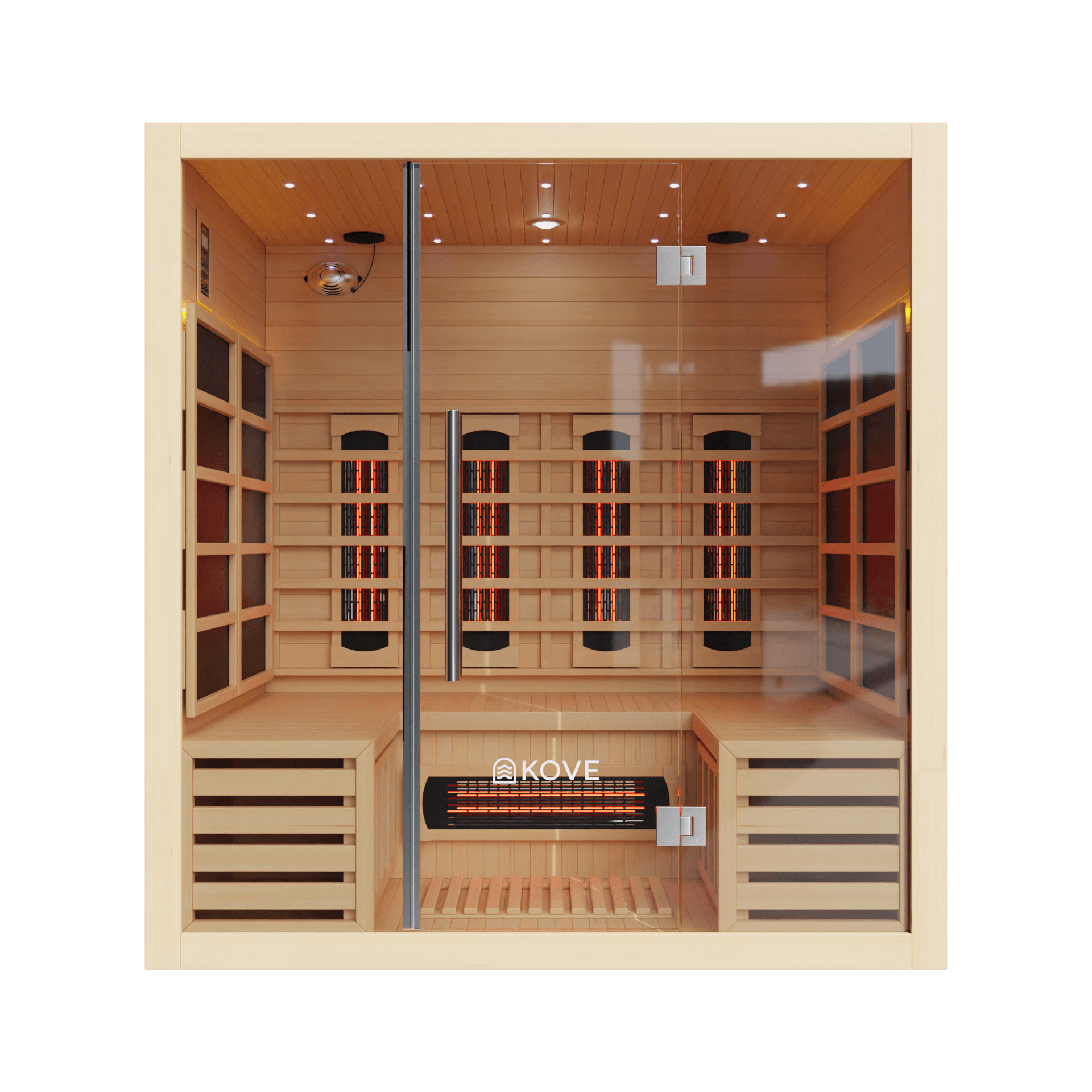 Infrared sauna with wooden interior and Kove branding.