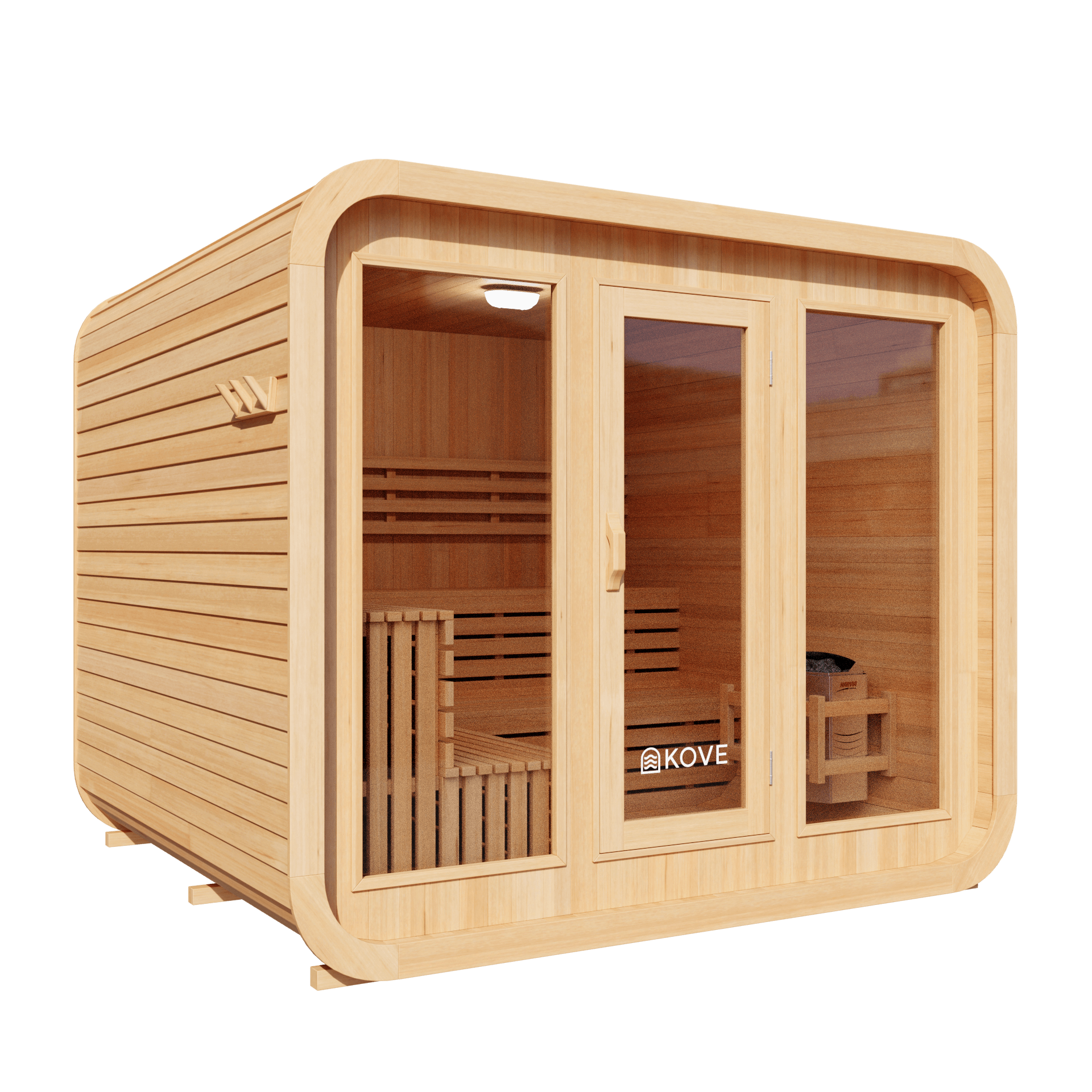 Wooden sauna with glass doors on a black background, featuring the Kove brand.