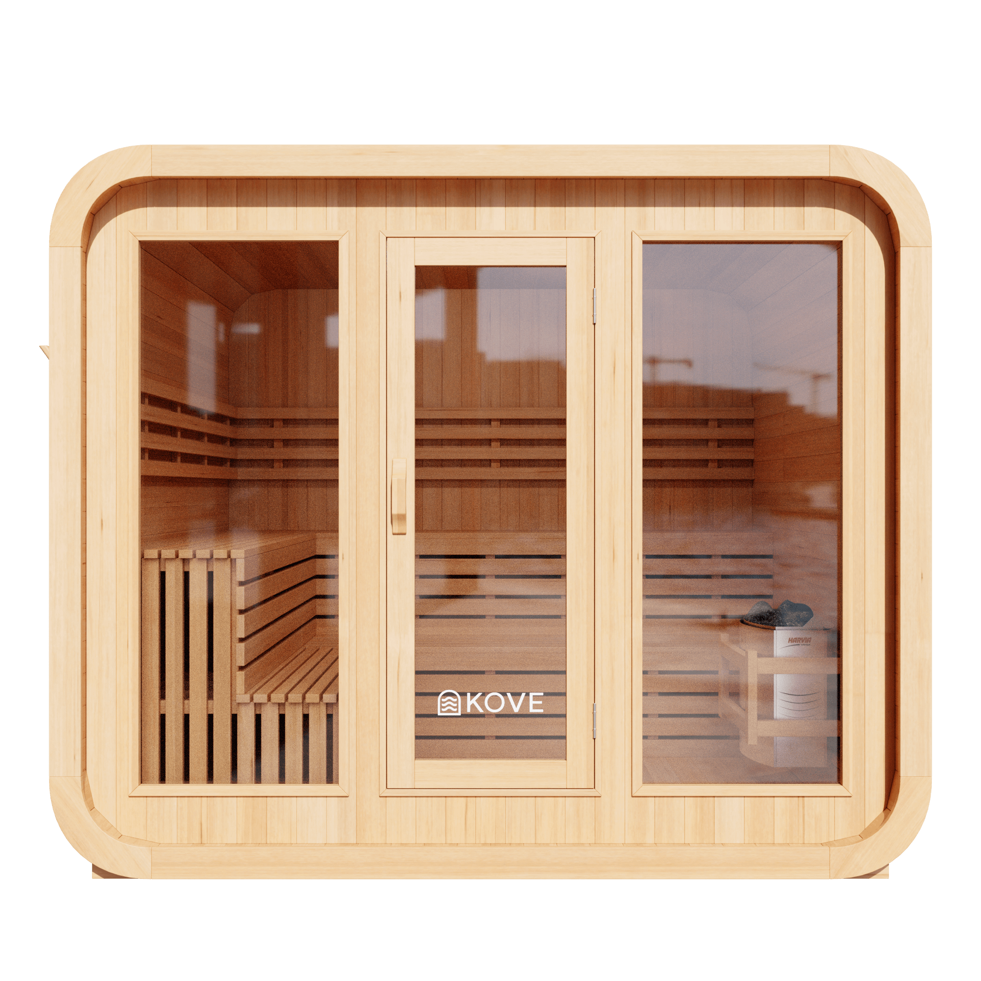 Wooden sauna with glass panels and 'Kove' branding on a black background