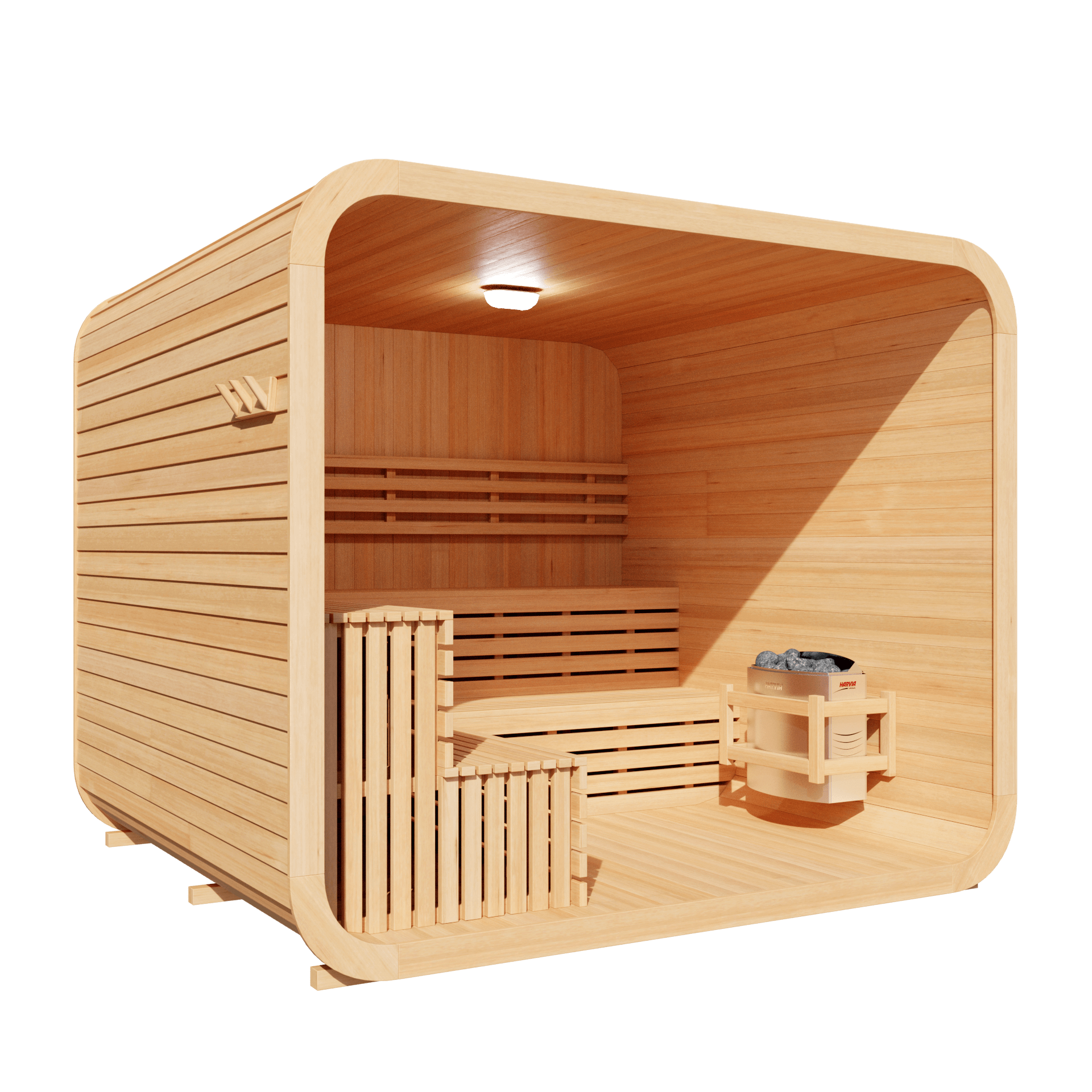 Wooden sauna with bench and cup holder on a black background