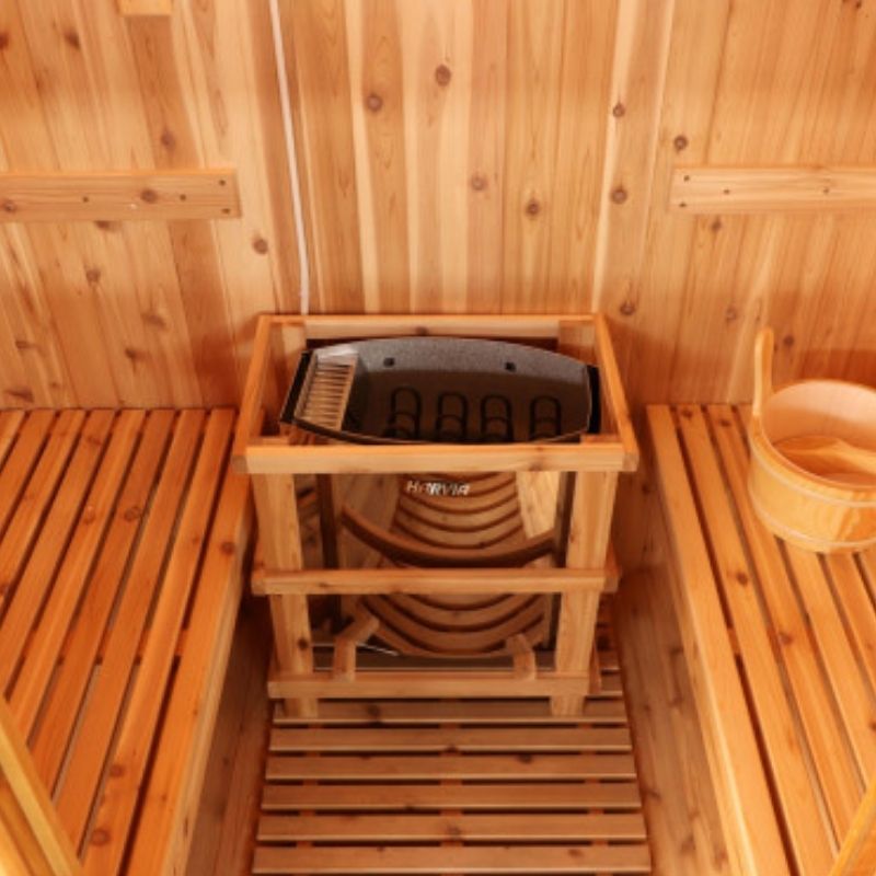 SunRay Solace 2-Person Traditional Barrel Sauna 200SH inside burner