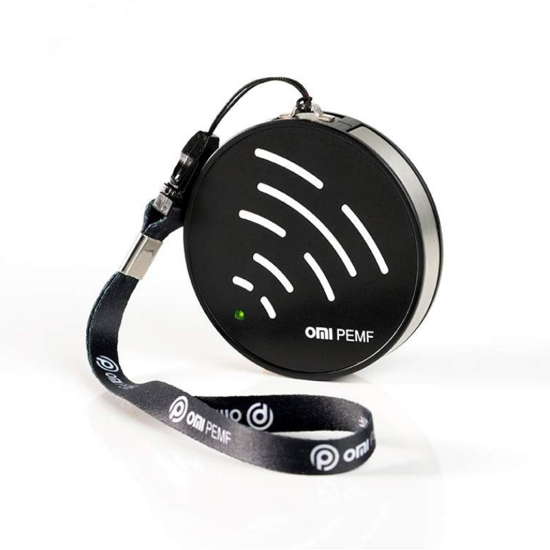 Black PEMF device with a lanyard on a white background