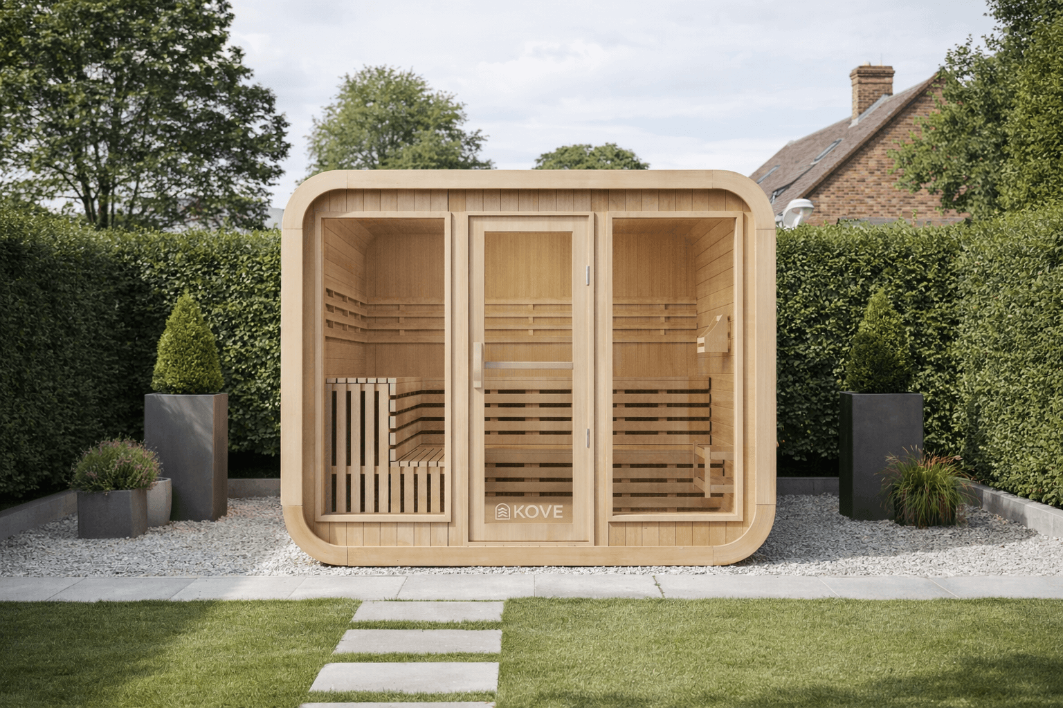 Wooden outdoor sauna in a garden setting with trees and shrubs in the background.