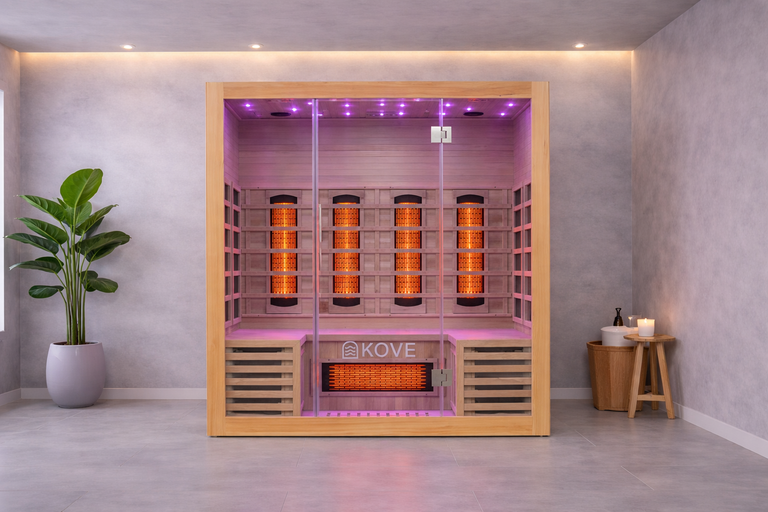 Infrared sauna with Kove branding in a modern room setting.
