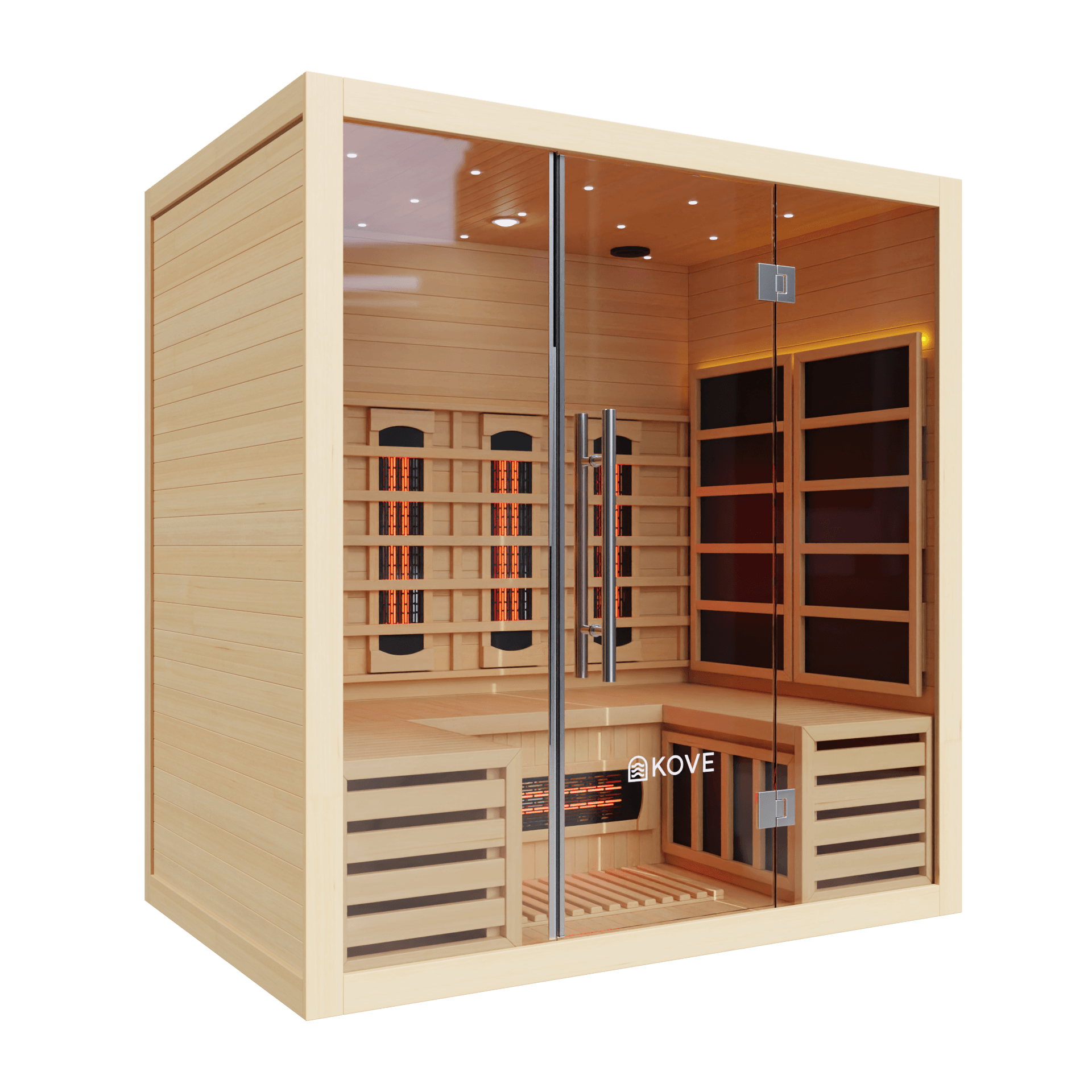 Infrared sauna with wooden interior and glass doors, featuring the Kove brand.