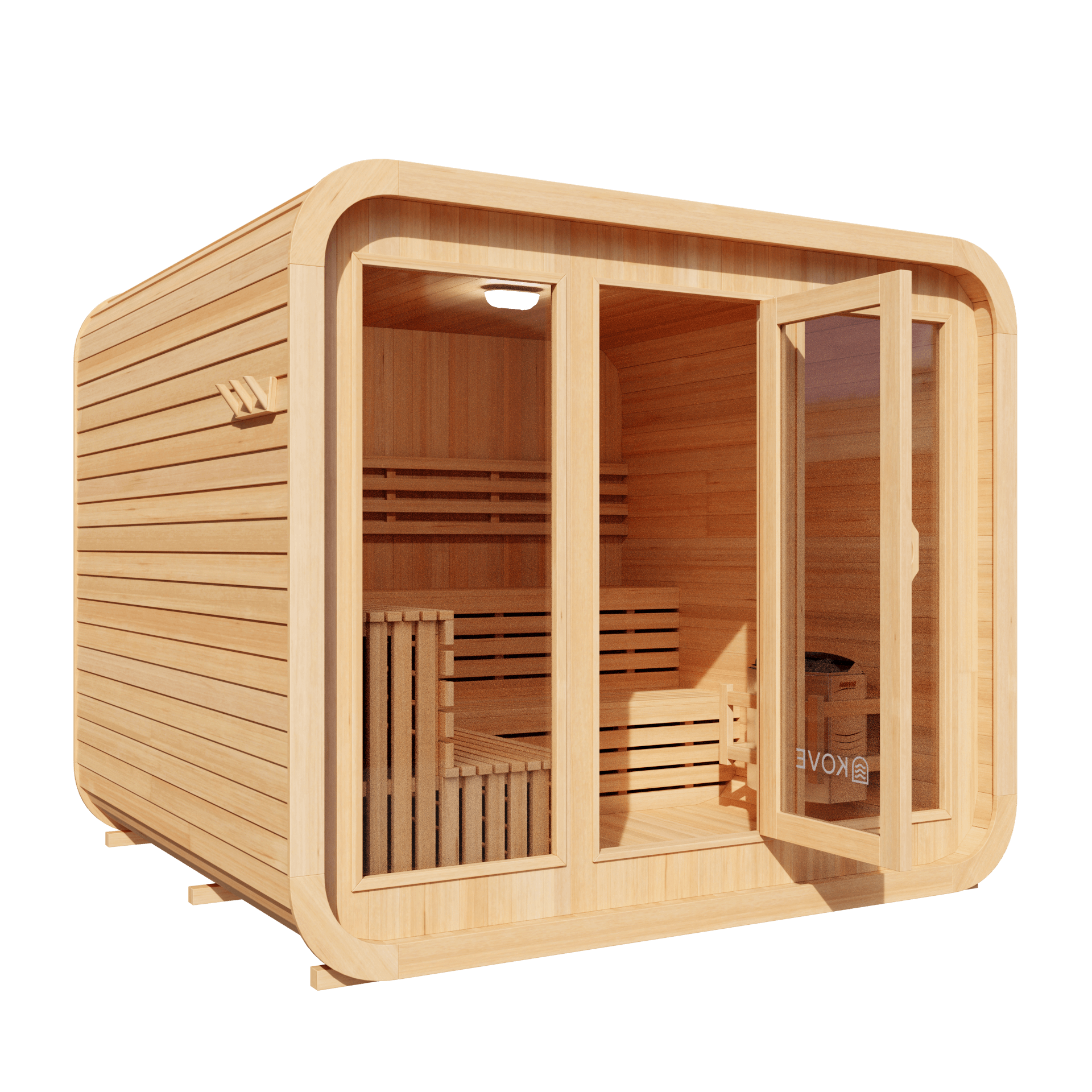 Wooden sauna with open door on a black background