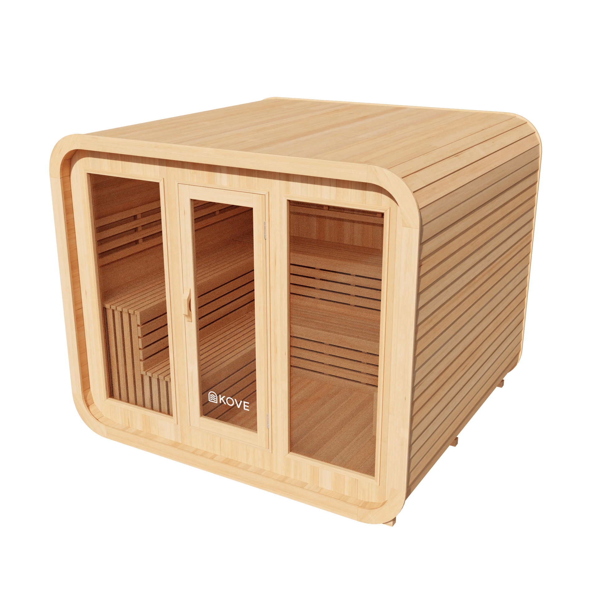 Wooden sauna with Kove branding on a black background