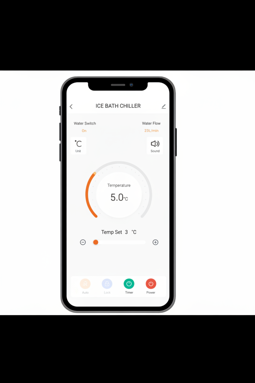 Smartphone displaying an app interface for an ice bath chiller on a white background
