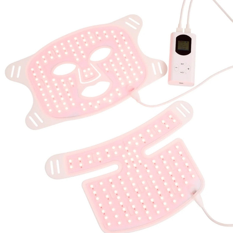 Pink LED face mask with control device on a white background