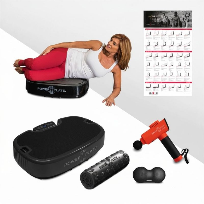 Woman using a Power Plate machine with additional fitness equipment and a calendar on a white background