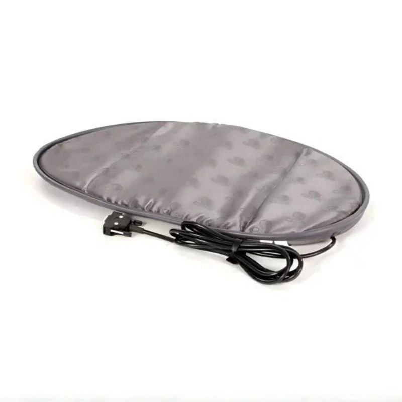 Gray heating pad with a power cord on a white background
