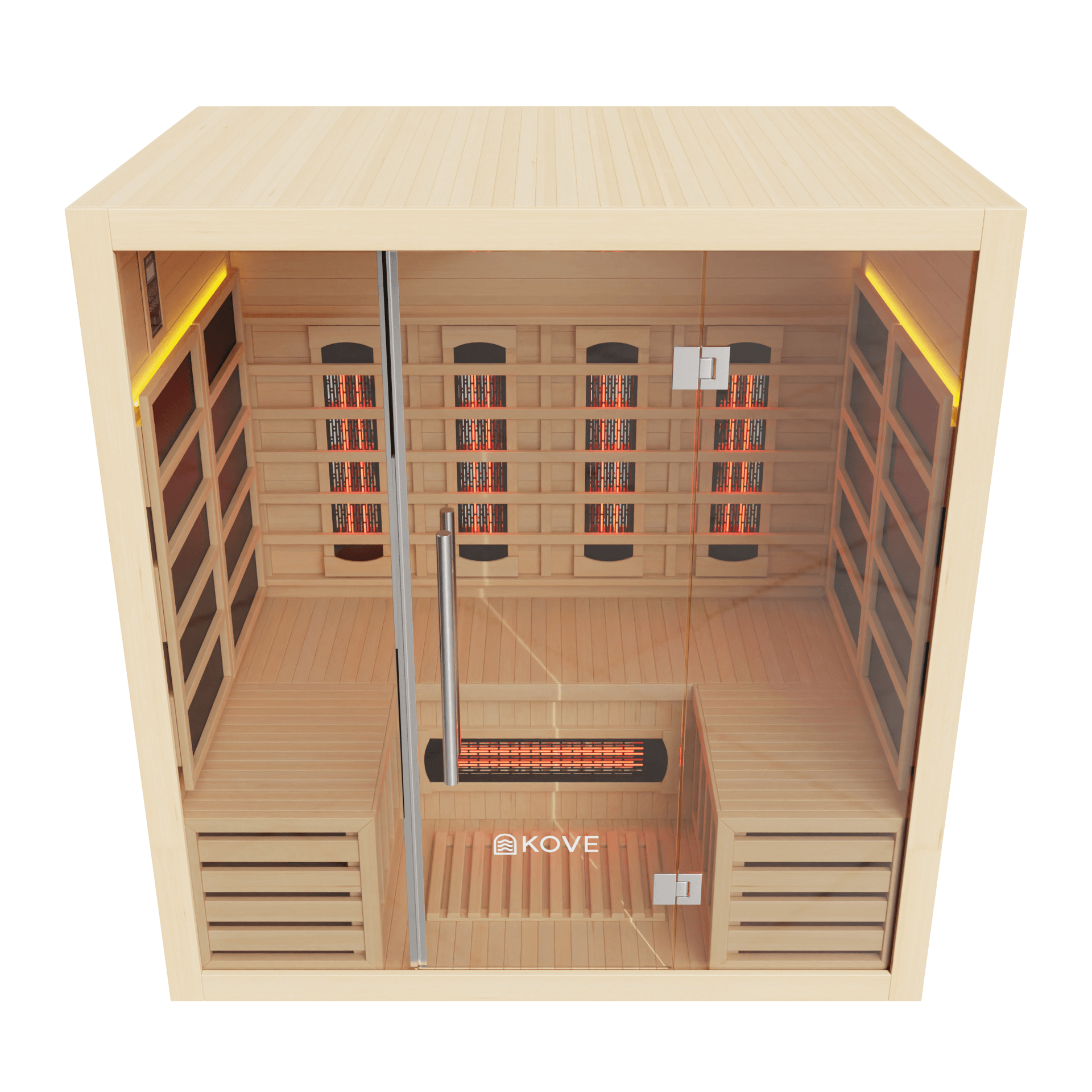 Wooden infrared sauna with Kove branding on a white background