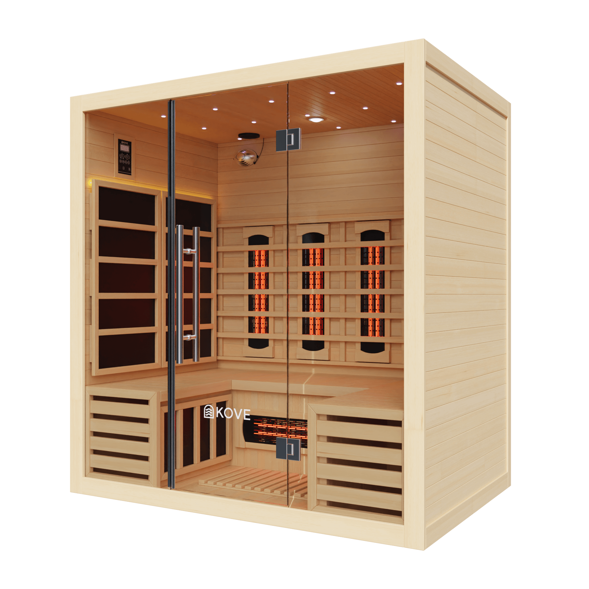 Wooden sauna with Kove branding on a black background