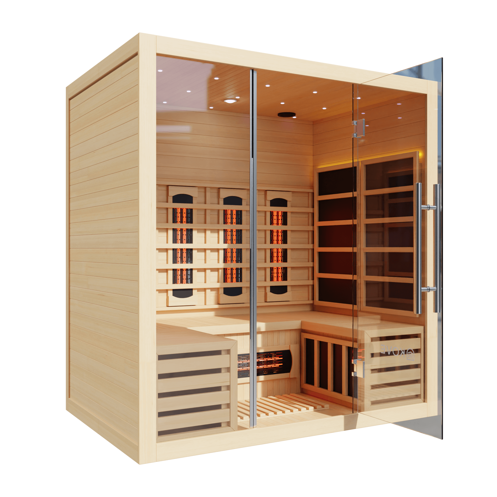 Wooden sauna with glass doors on a black background