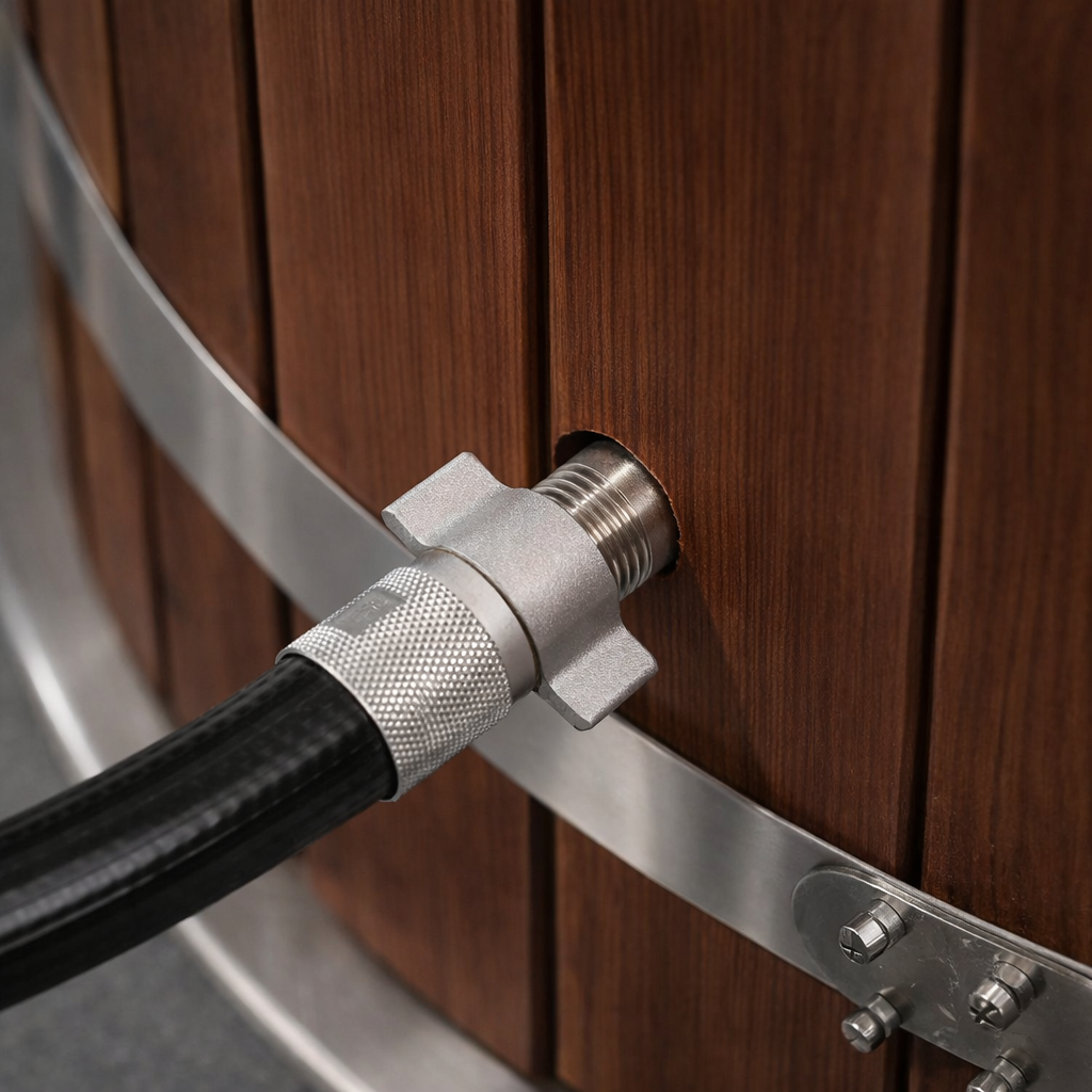 Close-up of a metal hose attachment on a wooden background